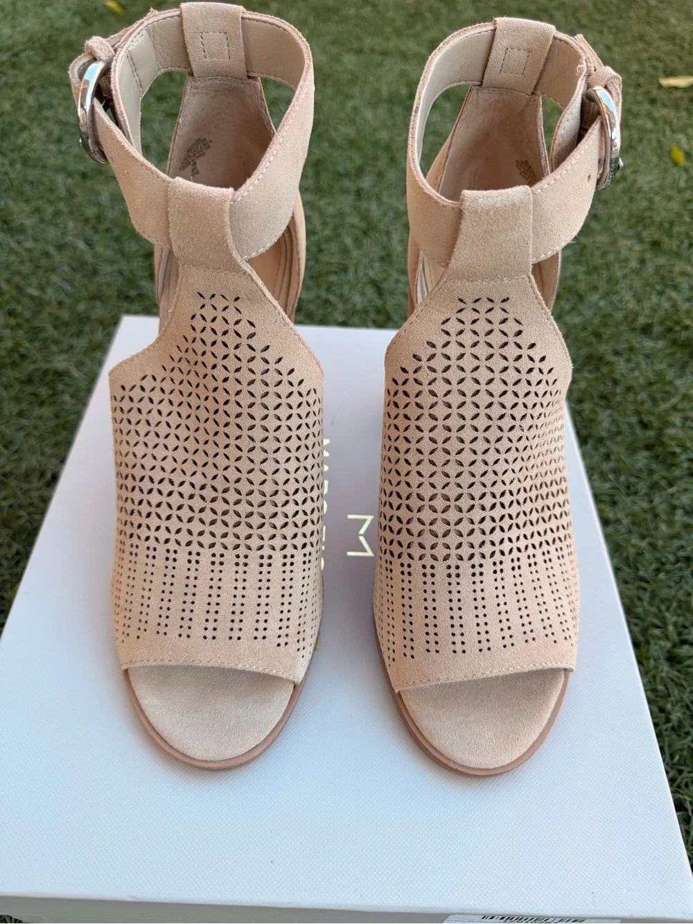 Marc Fisher Pink-Tan Suede Perforated Block Heel Sandals size 7